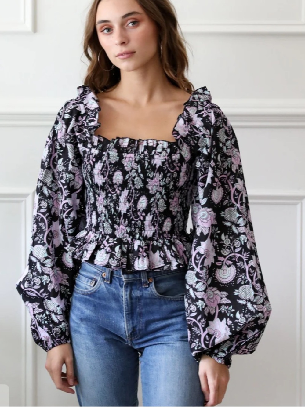 Mille Circe Blouse Top Tropical Night Floral Cotton Block Print Boho Romantic L
